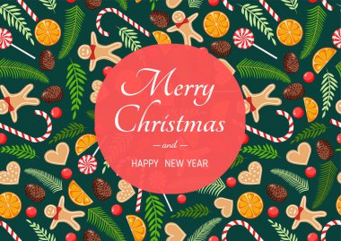 Doğal çam, dal, koni, çelenk, zencefilli ekmek, şeker, kurabiye ve kurutulmuş portakallı Noel kartı. Mutlu Noeller ve yeni yılın resmi. Kusursuz desen