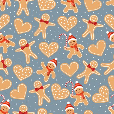 Zencefilli kurabiye, kurabiye ve şekerli Noel dokusu. Mutlu Noeller ve Mutlu Yıllar 'ın temsilcisi. Kusursuz desen. Kış tatili