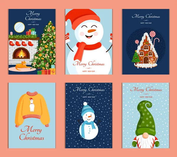 Set Lucu Kartu Natal Ilustrasi Koleksi Vektor Tahun Baru - Stok Vektor