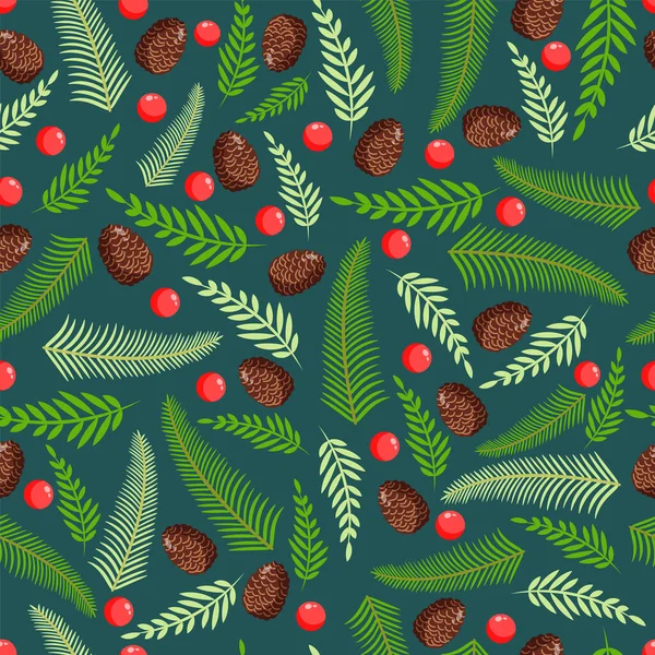 Tekstur Natal Dengan Pinus Alami Ranting Kerucut Dan Berry Vektor - Stok Vektor