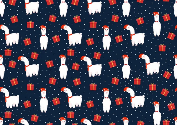 Tekstur Natal Dengan Llama Alpaka Dan Hadiah Liburan Vektor Ilustrasi - Stok Vektor