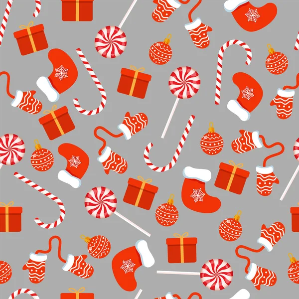 Weihnachtliche Textur Mit Süßigkeiten Spielzeug Geschenken Socken Und Handschuhen Vektorillustration — Stockvektor