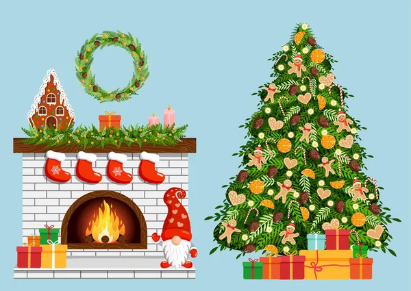 Rumah Natal Yang Nyaman Dengan Perapian Pohon Natal Dan Hadiah - Stok Vektor