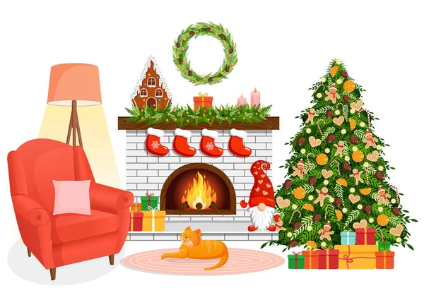 Christmas Cozy Home Interior Fireplace Tree Gifts Armchair Lamp Cat — Stock Vector