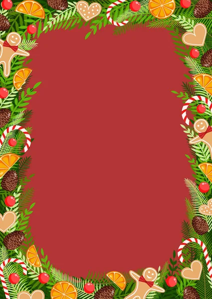 Cartão Natal Feito Pinho Natural Galhos Cones Guirlanda Homens Gengibre —  Vetores de Stock