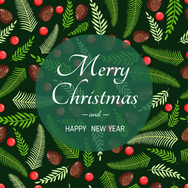 Doğal çam, dal, koni ve böğürtlenli Noel kartı. Mutlu Noeller ve Mutlu Yıllar 'ın temsilcisi. Kusursuz desen ve doku. Tasarım ögeleri