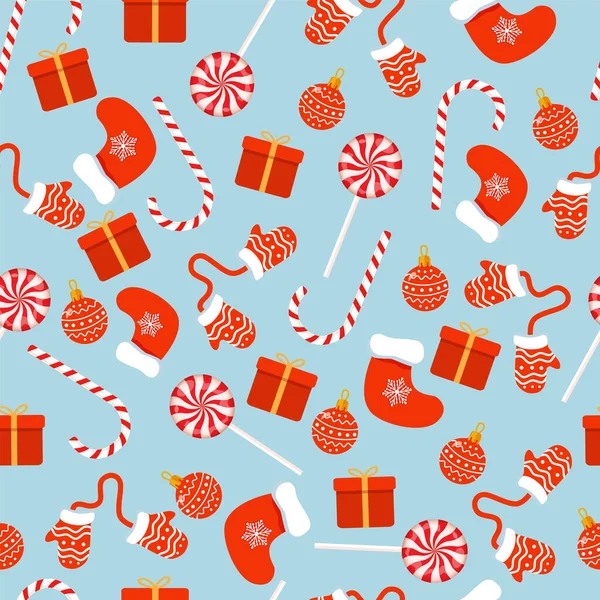 Tekstur Natal Dengan Permen Mainan Hadiah Kaus Kaki Dan Sarung - Stok Vektor