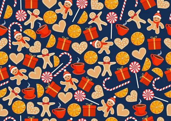 Weihnachtliche Textur Mit Lebkuchen Süßigkeiten Tasse Und Geschenken Vektorillustration Von — Stockvektor