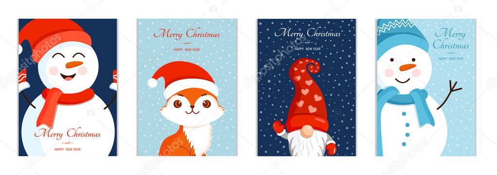 Set of cute Christmas cards. Collection of vector New Year illustrations with snowman, fox and gnome