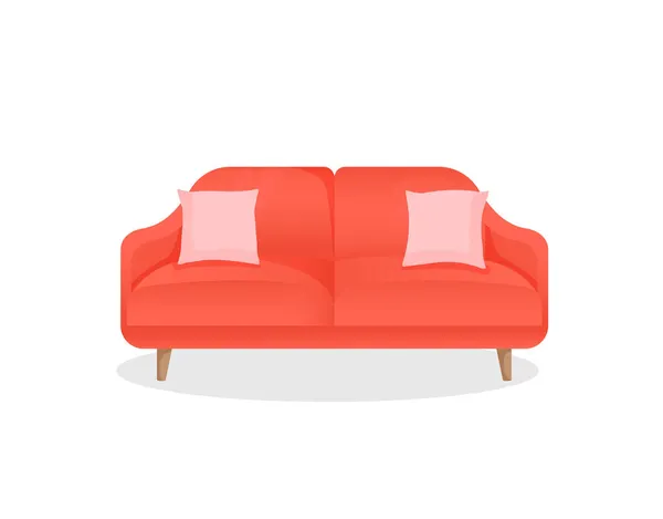 Bequemes Luxus-rotes Sofa mit rosa Kissen auf isoliertem weißem Hintergrund. Vektor-Illustration einer stilvollen Wohncouch für die Inneneinrichtung. Moderne Möbel. Symbol, Element. — Stockvektor