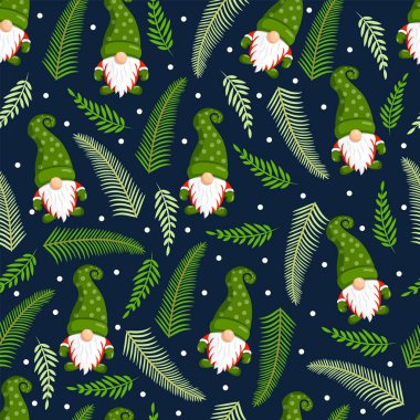 Cüceler ve köknar dallarıyla Noel dokusu. Mutlu Noeller ve Mutlu Yıllar 'ın temsilcisi. Kusursuz desen. Kış tatili İskandinav İskandinav İskandinav cücesi, şirin Noel Gnome elfi