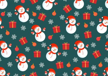 Kardan adamların, hediyelerin, oyuncakların ve kar tanelerinin olduğu Noel dokusu. Mutlu Noeller ve Mutlu Yıllar 'ın temsilcisi. Kusursuz desen. Kış tatili