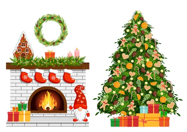 Acogedor Interior Casa Con Chimenea Árbol Navidad Regalos Estilo Escandinavo — Vector de stock