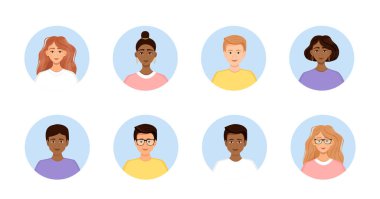 Bir grup farklı iş adamı avatarları. Yuvarlak çerçevede kadın ve erkek portreleri koleksiyonu. Yüzlerin vektör illüstrasyonu