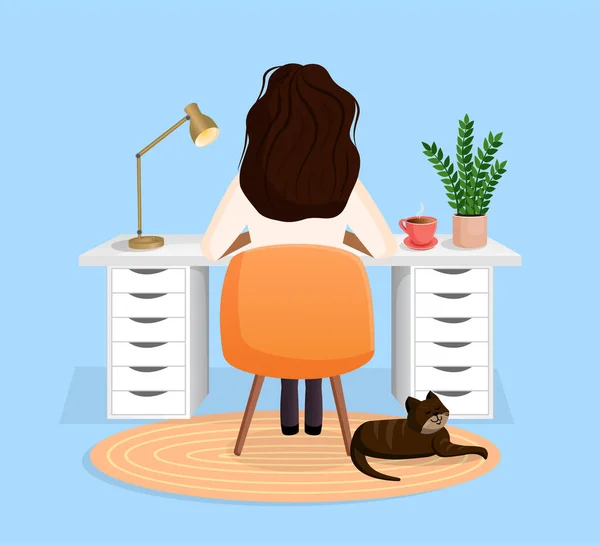 Freelancer Mulher Gerente Senta Uma Mesa Trabalho Casa Computador Visão — Vetor de Stock