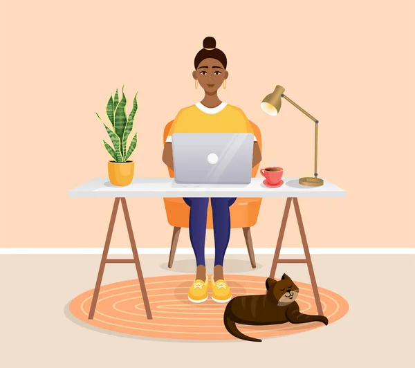 Wanita Duduk Meja Bekerja Rumah Komputer Pekerjaan Jarak Jauh Freelance - Stok Vektor