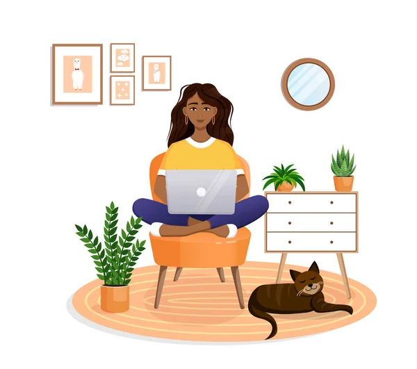 Wanita Duduk Kursi Rumah Komputer Laptop Pekerjaan Jarak Jauh Kantor - Stok Vektor