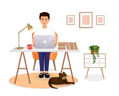 Adam masada oturuyor, evdeki bilgisayarda çalışıyor. Uzaktan çalışma, serbest çalışma, ev ofisi, programlama, eğitim. Bir kediyle iç mekanda çalışırken. Vektör illüstrasyonu