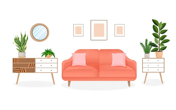Moderne Wohnzimmereinrichtung Mit Möbeln Und Heimischen Pflanzen Gestaltung Eines Gemütlichen — Stockvektor