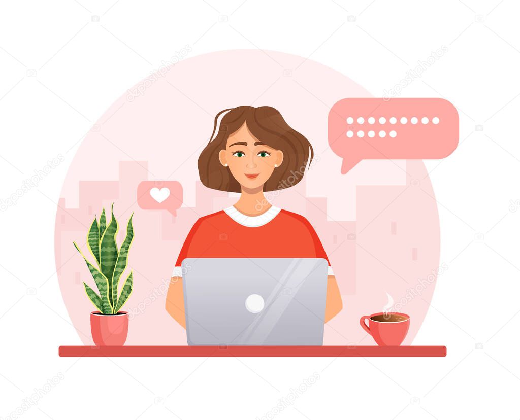 Woman works at the computer. Remote work, freelance, home office, programming, education. Communication on the Internet, online meetings. Vector illustration