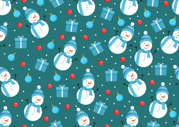 Tekstur Natal Dengan Manusia Salju Hadiah Mainan Dan Kepingan Salju - Stok Vektor
