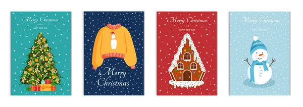 Set Lucu Kartu Natal Ilustrasi Collection Vector New Year Dengan - Stok Vektor