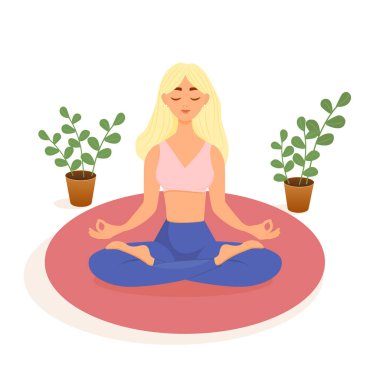 Sarışın bir kız, beyaz bir arka planda pembe bir halıda nilüfer pozisyonunda yoga yapıyor. Asana yapan bir kadının tasviri. Yoga, meditasyon, spor, sağlıklı yaşam tarzı..