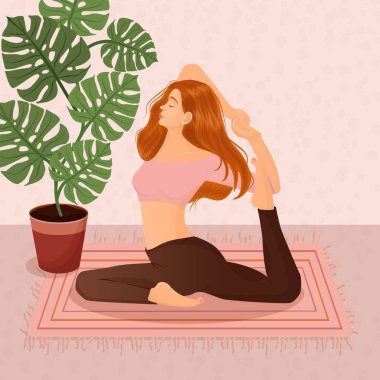  Çiçekli ve yapraklı tencerelerin arkasında yoga yapan kızıl saçlı bir kızın resmi. Yoga, meditasyon, spor, sağlıklı yaşam tarzı, yoga pozları, Asana