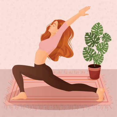 Evde yoga ve spor yapan genç bir kızın tasviri. Yoga, meditasyon, spor, sağlıklı yaşam tarzı, yoga pozları, asana, fitness, egzersiz, jimnastik, egzersiz