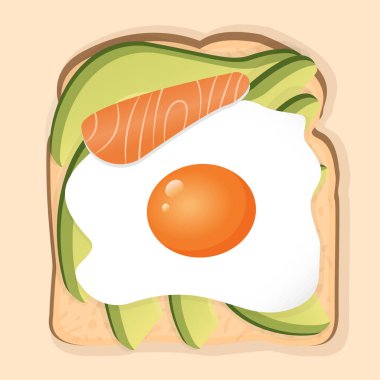 Kızarmış ekmek, sahanda yumurta, somon ve avokado parçalı sandviç. Afiş, reklam, menü ve internet için sağlıklı bir kahvaltı. Sağlıklı yaşam tarzı.