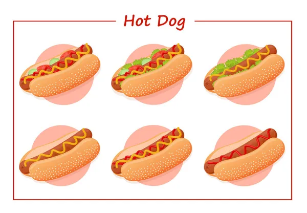 Set Von Köstlichen Amerikanischen Hot Dogs Mit Verschiedenen Zutaten Wie — Stockfoto