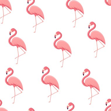 Tropikal kuş flamingosuyla kusursuz desen. Tekstil için bir kuş dokusu, duvar kağıdı, baskı tasarımı, kıyafet kartpostalları. Vektör illüstrasyonu