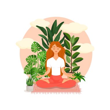 Nilüfer çiçekli güzel kızıl saçlı kız bitkilerle çevrili. Evinde meditasyon yapan bir kadının vektör çizimi. Uyum ve denge. Bacak bacak üstüne attım. İçerideki kız..