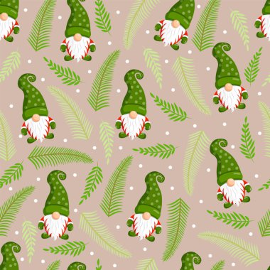 Cüceler ve köknar dallarıyla Noel dokusu. Mutlu Noeller ve Mutlu Yıllar 'ın temsilcisi. Kusursuz desen. Kış tatili İskandinav İskandinav İskandinav cücesi, şirin Noel Gnome elfi