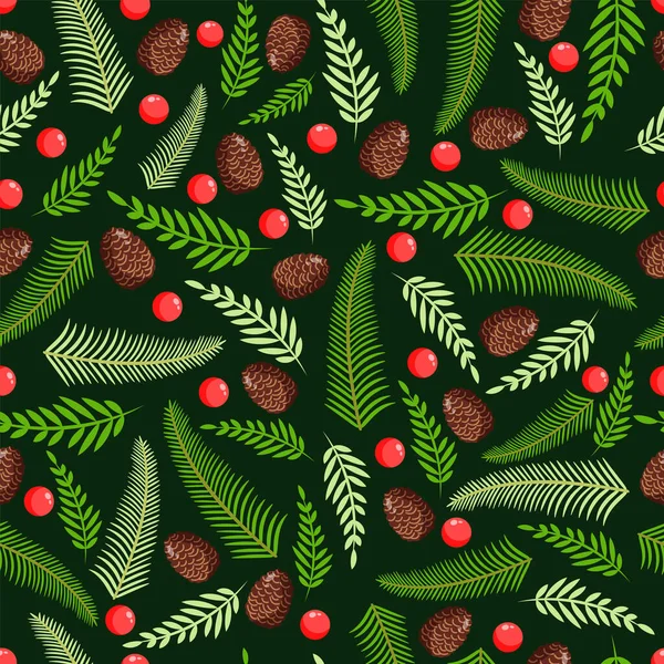 Tekstur Natal Dengan Pinus Alami Ranting Kerucut Dan Berry Vektor - Stok Vektor