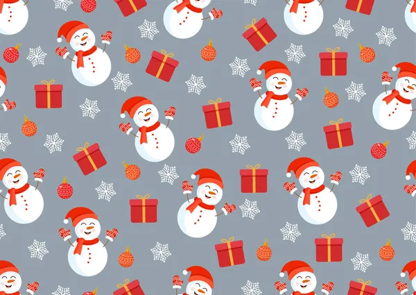 Kardan adamların, hediyelerin, oyuncakların ve kar tanelerinin olduğu Noel dokusu. Mutlu Noeller ve Mutlu Yıllar 'ın temsilcisi. Kusursuz desen. Kış tatili