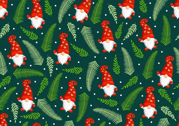 Weihnachtliche Textur Mit Gnomen Und Tannenzweigen Vektorillustration Von Frohe Weihnachten — Stockvektor