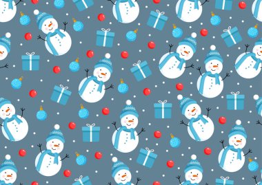 Kardan adamların, hediyelerin, oyuncakların ve kar tanelerinin olduğu Noel dokusu. Mutlu Noeller ve Mutlu Yıllar 'ın temsilcisi. Kusursuz desen. Kış tatili