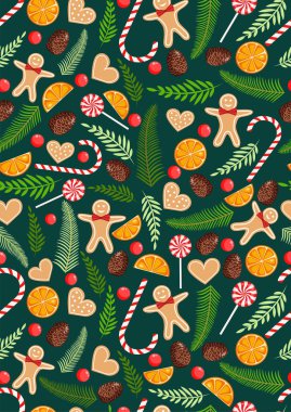 Doğal çam, dal, koni, çelenk, zencefilli adam, şeker, kurabiye ve kurutulmuş portakallı Noel dokusu. Mutlu Noeller ve yeni yılın resmi. Kusursuz desen