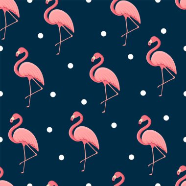 Tropikal kuş flamingosuyla kusursuz desen. Tekstil için bir kuş dokusu, duvar kağıdı, baskı tasarımı, kıyafet kartpostalları. Vektör illüstrasyonu