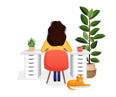 Serbest çalışan bir kadın, yönetici evde bilgisayar başında masa başında çalışıyor. Kızın arka görüntüsü. Uzaktan çalışma, evdeki ofis, programlama. Bir kediyle iç mekanda çalışırken. Vektör illüstrasyonu.