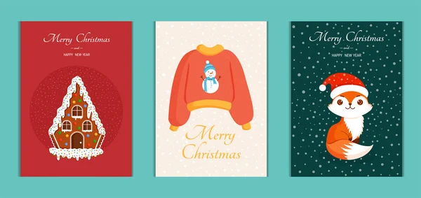 Set Lucu Kartu Natal Koleksi Vektor Ilustrasi Tahun Baru Dengan - Stok Vektor