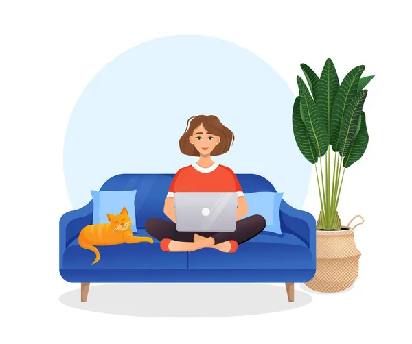 Wanita Duduk Sofa Sebuah Ruangan Dengan Komputer Laptop Dengan Kucingnya - Stok Vektor