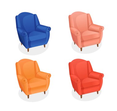 İzole edilmiş beyaz arka planda rahat koltuklar. İç mekan için ev sandalyesinin vektör çizimi. Oturma odası, yatak odası, lobi için modern mobilyalar. Simge, öge