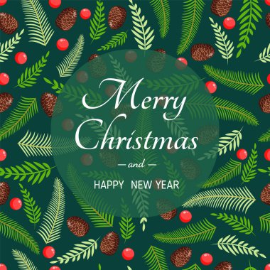 Doğal çam, dal, koni ve böğürtlenli Noel kartı. Mutlu Noeller ve Mutlu Yıllar 'ın temsilcisi. Kusursuz desen ve doku. Tasarım ögeleri