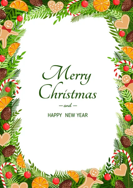 Χριστουγεννιάτικη Κάρτα Από Φυσικό Πεύκο Κλαδιά Κώνους Γιρλάντα Μελόψωμο Γλυκά — Διανυσματικό Αρχείο