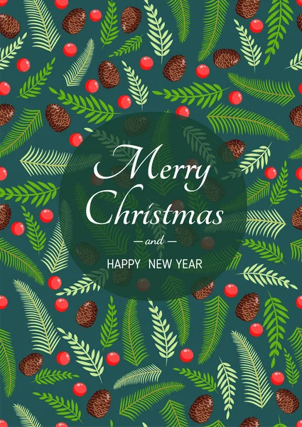Χριστουγεννιάτικη Κάρτα Φυσικό Πεύκο Κλαδιά Κώνους Και Μούρα Εικονογράφηση Διάνυσμα — Διανυσματικό Αρχείο