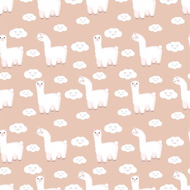 Komik lama ve pastel kahverengi arka planda bulutlar olan kusursuz bir desen. Bebek dokusu, tekstil, kumaş, poster, tebrik kartı ve dekor için uygun vektör çizimi. Peru 'dan tatlı alpaka.