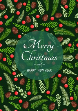 Doğal çam, dal, koni ve böğürtlenli Noel kartı. Mutlu Noeller ve Mutlu Yıllar 'ın temsilcisi. Kusursuz desen ve doku. Tasarım ögeleri.