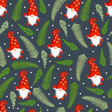 Cüceler ve köknar dallarıyla Noel dokusu. Mutlu Noeller ve Mutlu Yıllar 'ın temsilcisi. Kusursuz desen. Kış tatili İskandinav İskandinav İskandinav cücesi, şirin Noel Gnome elfi.